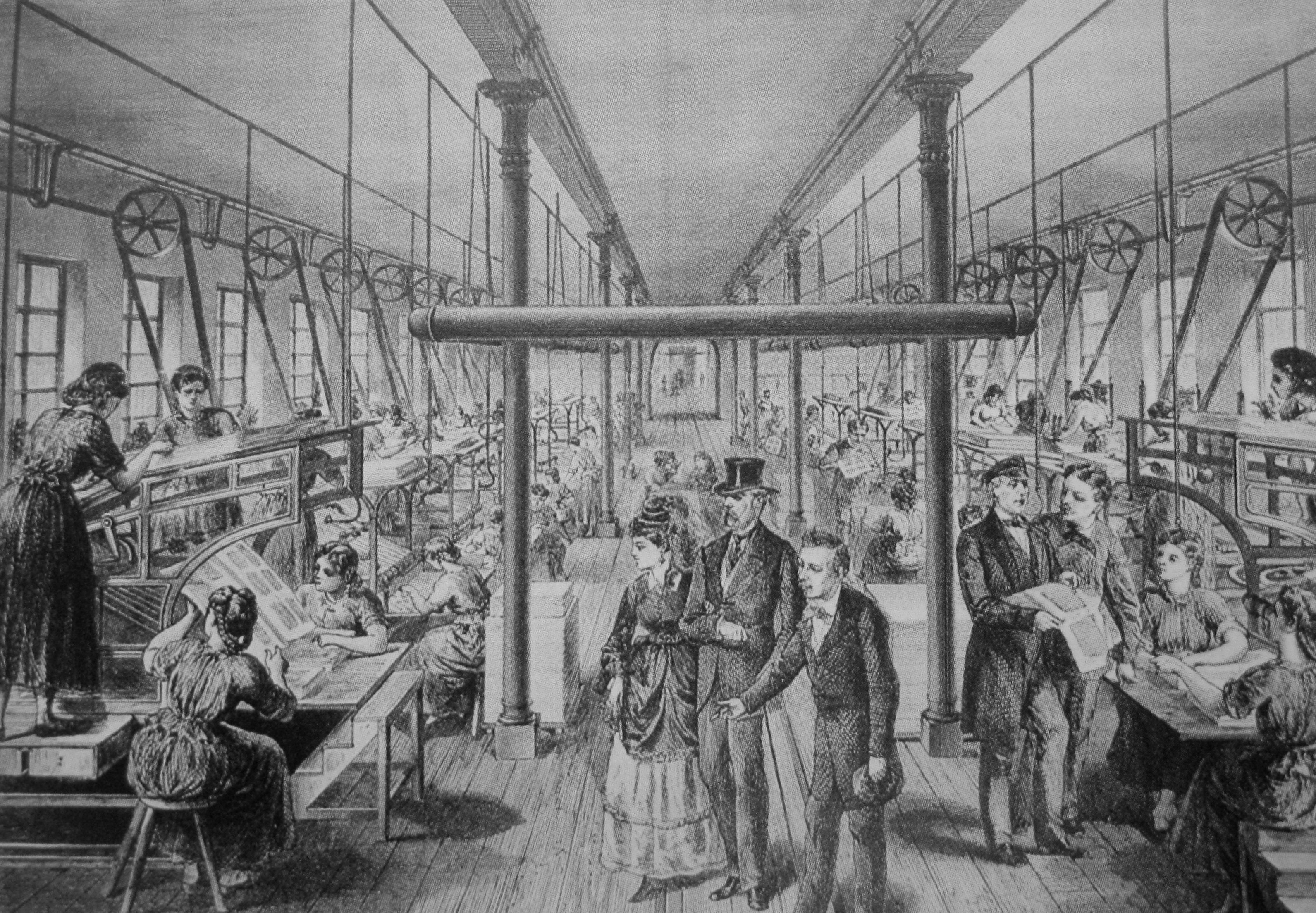 A 19th century printing factory powered by belts and shafts driven by a single steam engine
